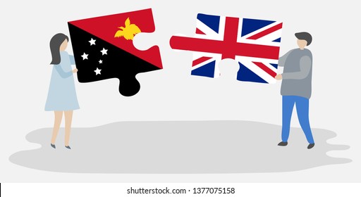Couple holding two puzzles pieces with Papuan and British flags. Papua New Guinea and United Kingdom national symbols together.