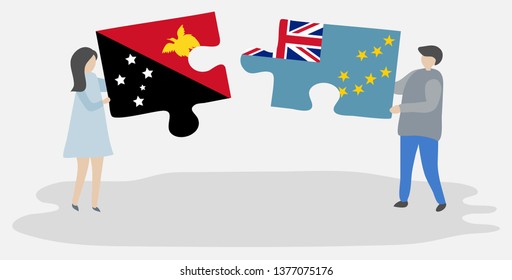 Couple holding two puzzles pieces with Papuan and Tuvaluan flags. Papua New Guinea and Tuvalu national symbols together.