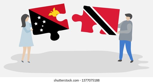 Couple holding two puzzles pieces with Papuan and Trinidadian flags. Papua New Guinea and Trinidad and Tobago national symbols together.