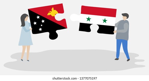 Couple holding two puzzles pieces with Papuan and Syrian flags. Papua New Guinea and Syria national symbols together.