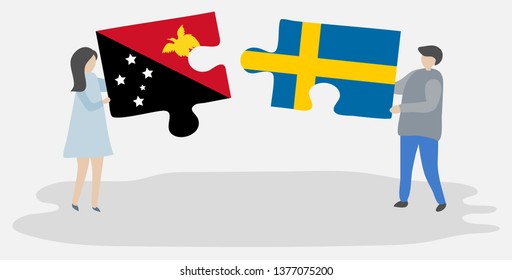 Couple holding two puzzles pieces with Papuan and Swedish flags. Papua New Guinea and Sweden national symbols together.