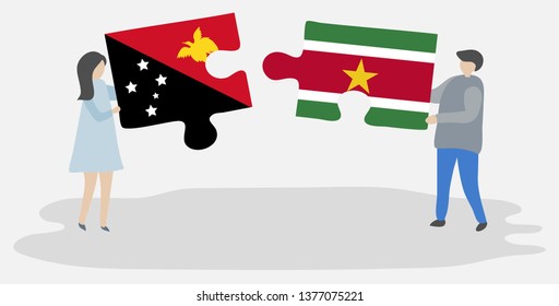 Couple holding two puzzles pieces with Papuan and Surinamese flags. Papua New Guinea and Suriname national symbols together.