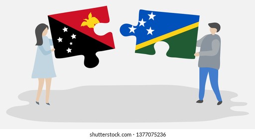 Couple holding two puzzles pieces with Papuan and Solomon Island flags. Papua New Guinea and Solomon Islands national symbols together.