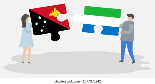 Couple holding two puzzles pieces with Papuan and Sierra Leonean flags. Papua New Guinea and Sierra Leone national symbols together.