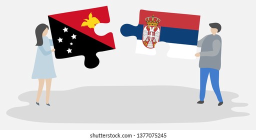 Couple holding two puzzles pieces with Papuan and Serbian flags. Papua New Guinea and Serbia national symbols together.