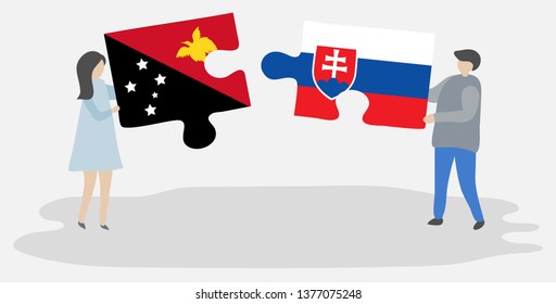 Couple holding two puzzles pieces with Papuan and Slovak flags. Papua New Guinea and Slovakia national symbols together.