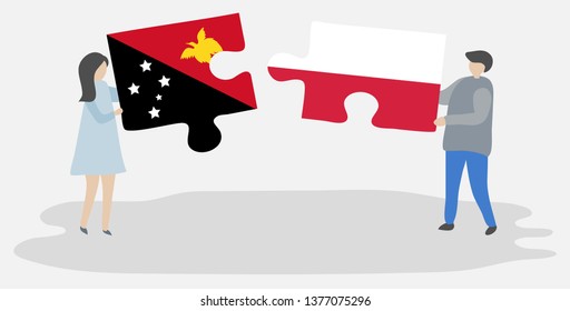 Couple holding two puzzles pieces with Papuan and Polish flags. Papua New Guinea and Poland national symbols together.