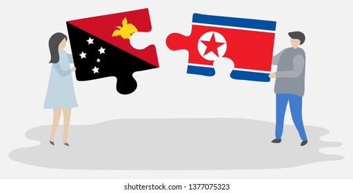 Couple holding two puzzles pieces with Papuan and North Korean flags. Papua New Guinea and North Korea national symbols together.