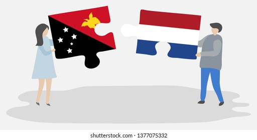 Couple holding two puzzles pieces with Papuan and Dutch flags. Papua New Guinea and Netherlands national symbols together.