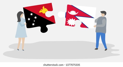 Couple holding two puzzles pieces with Papuan and Nepalese flags. Papua New Guinea and Nepal national symbols together.