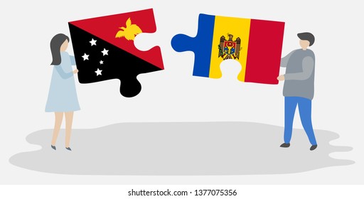 Couple holding two puzzles pieces with Papuan and Moldovan flags. Papua New Guinea and Moldova national symbols together.