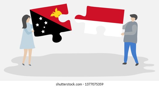 Couple holding two puzzles pieces with Papuan and Monegasque flags. Papua New Guinea and Monaco national symbols together.
