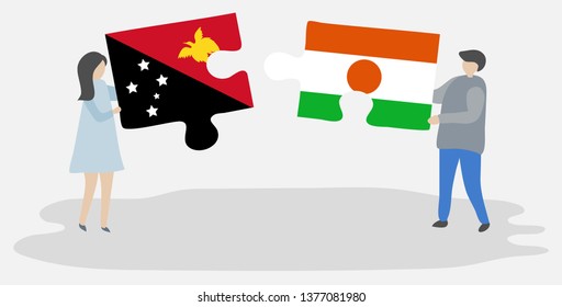 Couple holding two puzzles pieces with Papuan and Nigerien flags. Papua New Guinea and Niger national symbols together.