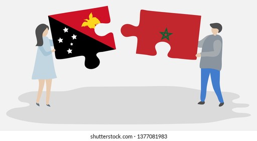 Couple holding two puzzles pieces with Papuan and Moroccan flags. Papua New Guinea and Morocco national symbols together.