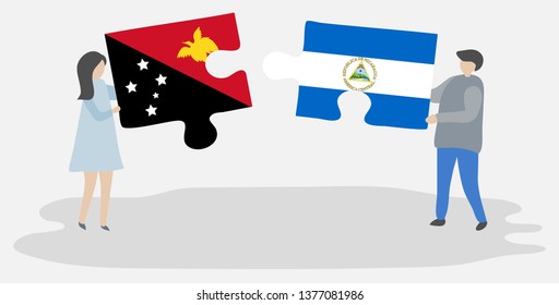 Couple holding two puzzles pieces with Papuan and Nicaraguan flags. Papua New Guinea and Nicaragua national symbols together.