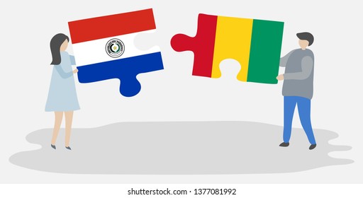 Couple holding two puzzles pieces with Paraguayan and Guinean flags. Paraguay and Guinea national symbols together.