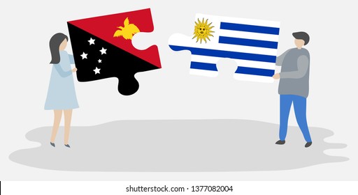Couple holding two puzzles pieces with Papuan and Uruguayan flags. Papua New Guinea and Uruguay national symbols together.