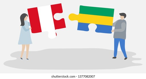Couple holding two puzzles pieces with Peruvian and Gabonese flags. Peru and Gabon national symbols together.