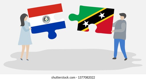 Couple holding two puzzles pieces with Paraguayan and Kittitian flags. Paraguay and Saint Kitts and Nevis national symbols together.