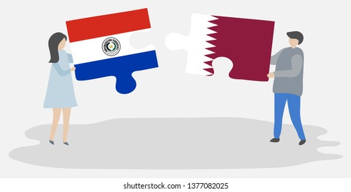 Couple holding two puzzles pieces with Paraguayan and Qatari flags. Paraguay and Qatar national symbols together.