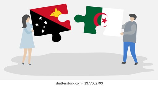 Couple holding two puzzles pieces with Papuan and Algerian flags. Papua New Guinea and Algeria national symbols together.