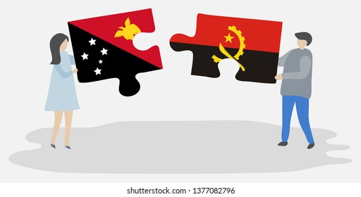 Couple holding two puzzles pieces with Papuan and Angolan flags. Papua New Guinea and Angola national symbols together.