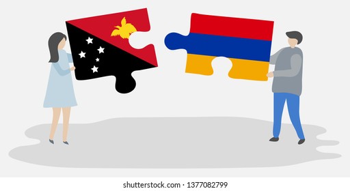 Couple holding two puzzles pieces with Papuan and Armenian flags. Papua New Guinea and Armenia national symbols together.