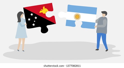 Couple holding two puzzles pieces with Papuan and Argentine flags. Papua New Guinea and Argentina national symbols together.