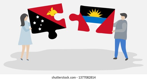 Couple holding two puzzles pieces with Papuan and Antiguan flags. Papua New Guinea and Antigua and Barbuda national symbols together.
