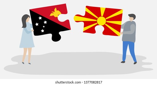 Couple holding two puzzles pieces with Papuan and Macedonian flags. Papua New Guinea and Macedonia national symbols together.