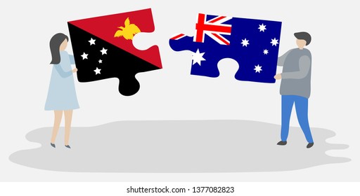 Couple holding two puzzles pieces with Papuan and Australian flags. Papua New Guinea and Australia national symbols together.