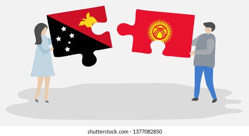 Couple holding two puzzles pieces with Papuan and Kirgiz flags. Papua New Guinea and Kyrgyzstan national symbols together.