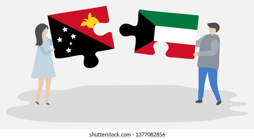 Couple holding two puzzles pieces with Papuan and Kuwaiti flags. Papua New Guinea and Kuwait national symbols together.