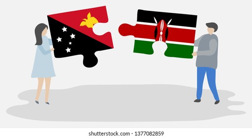 Couple holding two puzzles pieces with Papuan and Kenyan flags. Papua New Guinea and Kenya national symbols together.