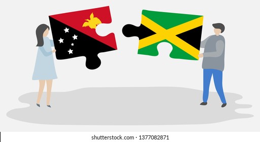 Couple holding two puzzles pieces with Papuan and Jamaican flags. Papua New Guinea and Jamaica national symbols together.
