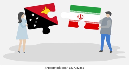 Couple holding two puzzles pieces with Papuan and Iranian flags. Papua New Guinea and Iran national symbols together.