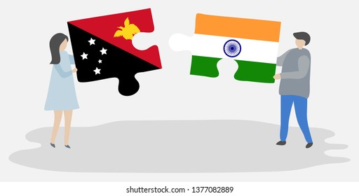 Couple holding two puzzles pieces with Papuan and Indian flags. Papua New Guinea and India national symbols together.
