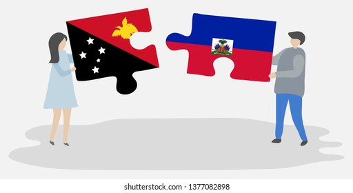 Couple holding two puzzles pieces with Papuan and Haitian flags. Papua New Guinea and Haiti national symbols together.