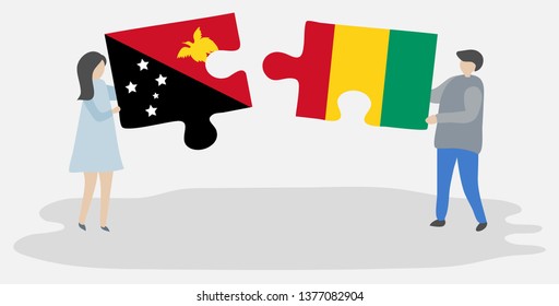 Couple holding two puzzles pieces with Papuan and Guinean flags. Papua New Guinea and Guinea national symbols together.