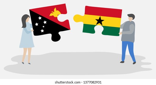 Couple holding two puzzles pieces with Papuan and Ghanaian flags. Papua New Guinea and Ghana national symbols together.