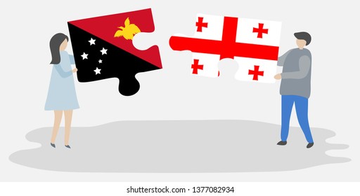 Couple holding two puzzles pieces with Papuan and Georgian flags. Papua New Guinea and Georgia national symbols together.