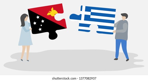Couple holding two puzzles pieces with Papuan and Greek flags. Papua New Guinea and Greece national symbols together.