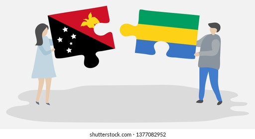 Couple holding two puzzles pieces with Papuan and Gabonese flags. Papua New Guinea and Gabon national symbols together.