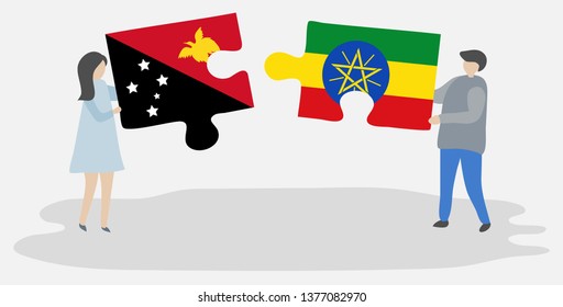 Couple holding two puzzles pieces with Papuan and Ethiopian flags. Papua New Guinea and Ethiopia national symbols together.