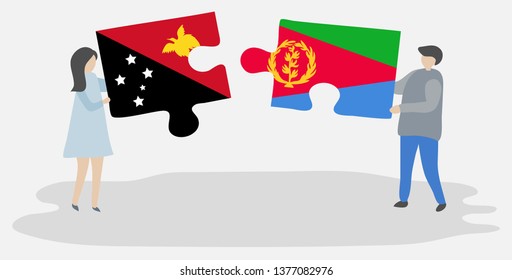 Couple holding two puzzles pieces with Papuan and Eritrean flags. Papua New Guinea and Eritrea national symbols together.
