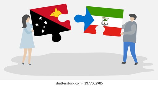 Couple holding two puzzles pieces with Papuan and Equatorial Guinean flags. Papua New Guinea and Equatorial Guinea national symbols together.