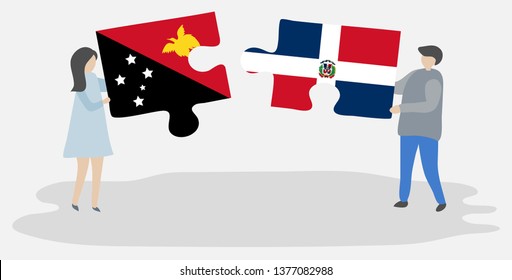Couple holding two puzzles pieces with Papuan and Dominican flags. Papua New Guinea and Dominican Republic national symbols together.