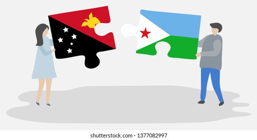 Couple holding two puzzles pieces with Papuan and Djiboutian flags. Papua New Guinea and Djibouti national symbols together.