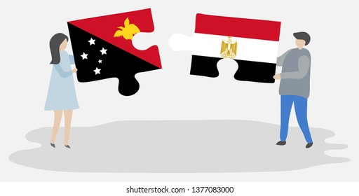 Couple holding two puzzles pieces with Papuan and Egyptian flags. Papua New Guinea and Egypt national symbols together.