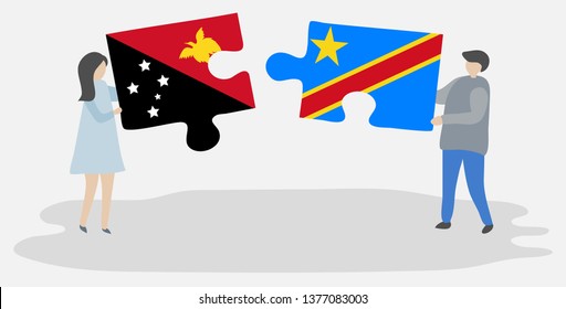 Couple holding two puzzles pieces with Papuan and Congolese flags. Papua New Guinea and Democratic Republic of the Congo national symbols together.